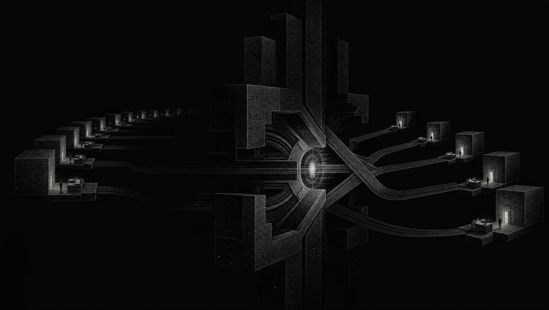 A monochrome engraved diagram showing separate client vaults connected to separate agent workbenches, with crossed connections blocked by a central router.